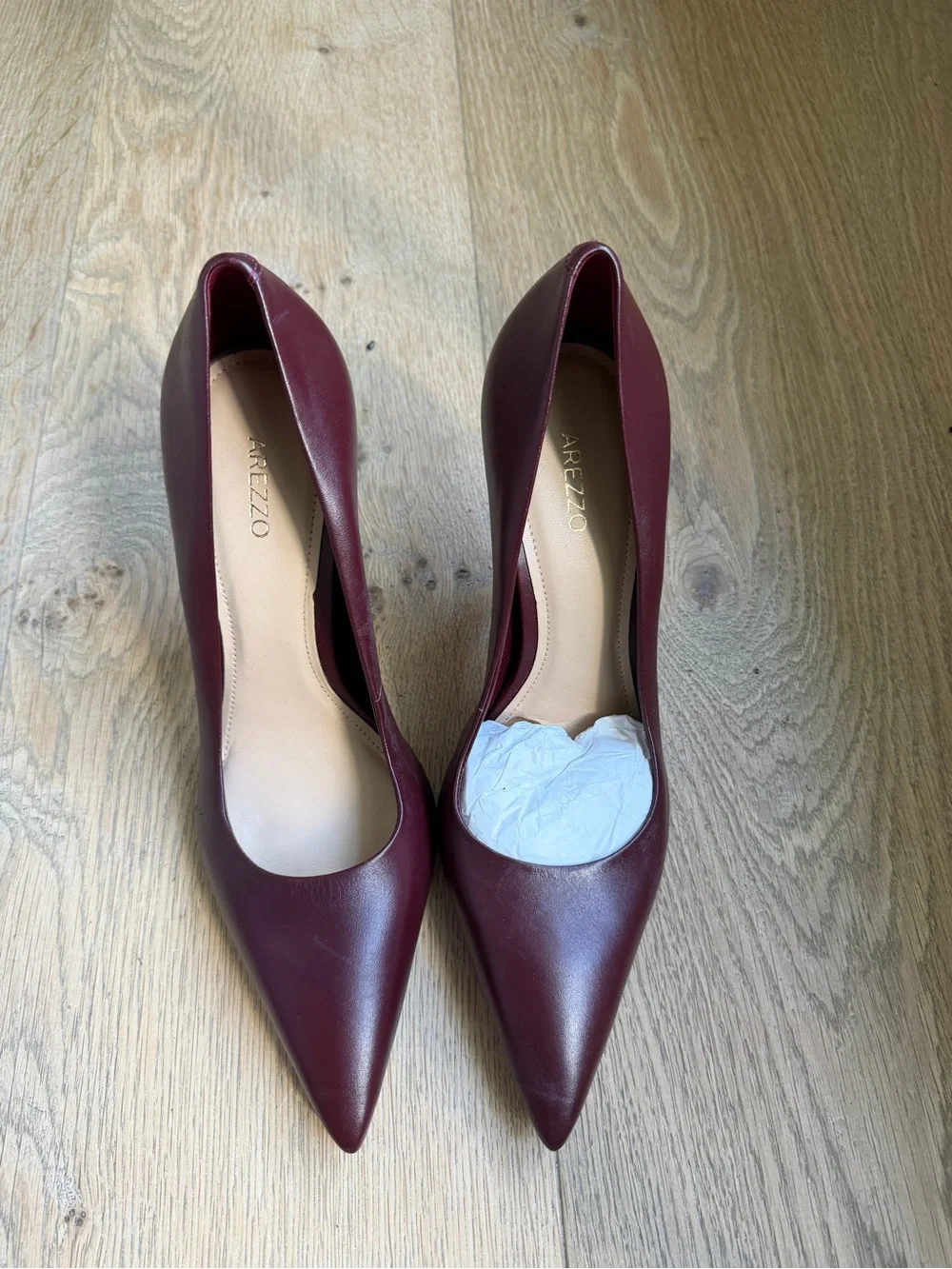 Women's Burgundy Pointed Toe Stiletto Pumps with Gold Heel Accent